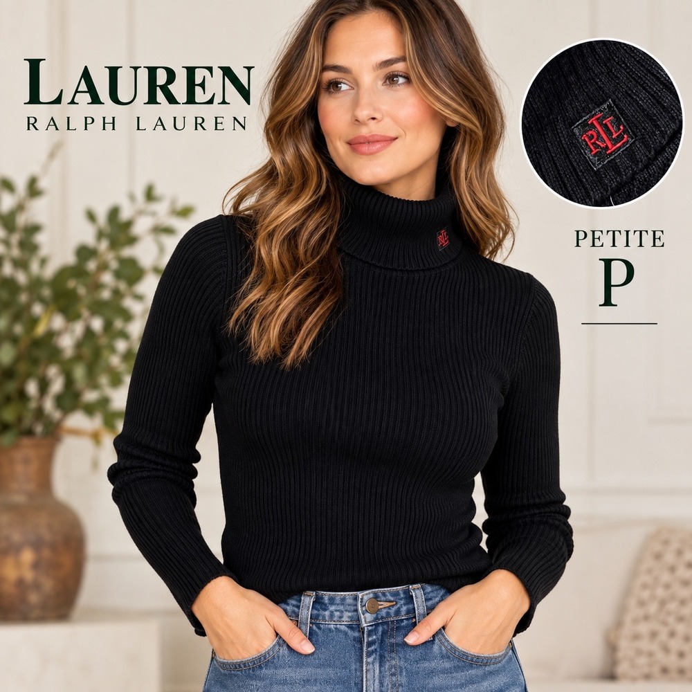 Lauren Ralph Lauren Turtleneck Petite P Black Sweater Ribbed Cotton Vintage 90's